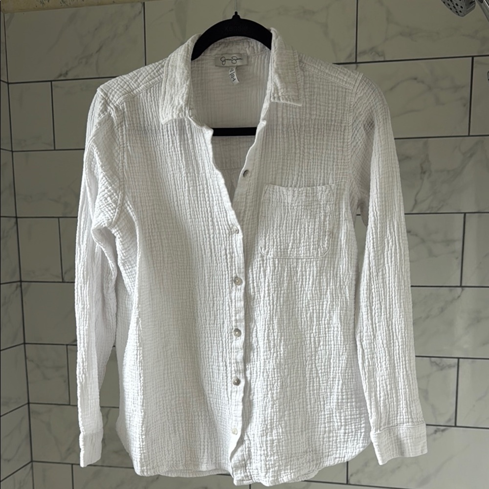 White Jessica Simpson Cotton Button-Up Beach Coverup Shirt